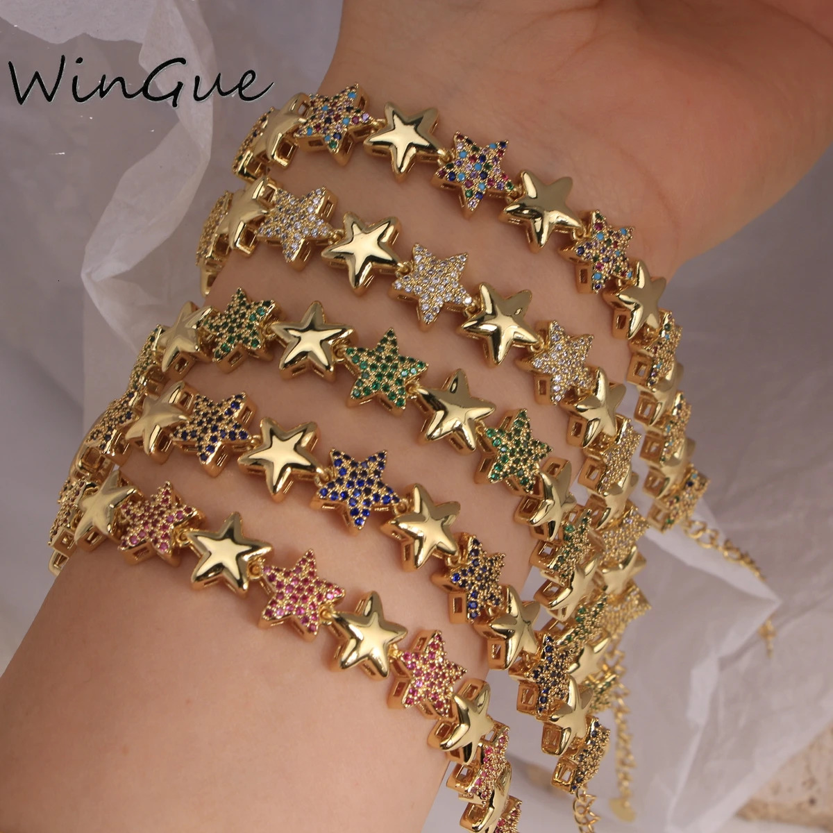 Delicate Elegant Gold Plated Cubic Zirconia Star Chain Bracelet for Women Star Accessory Fashion Jewelry 260506