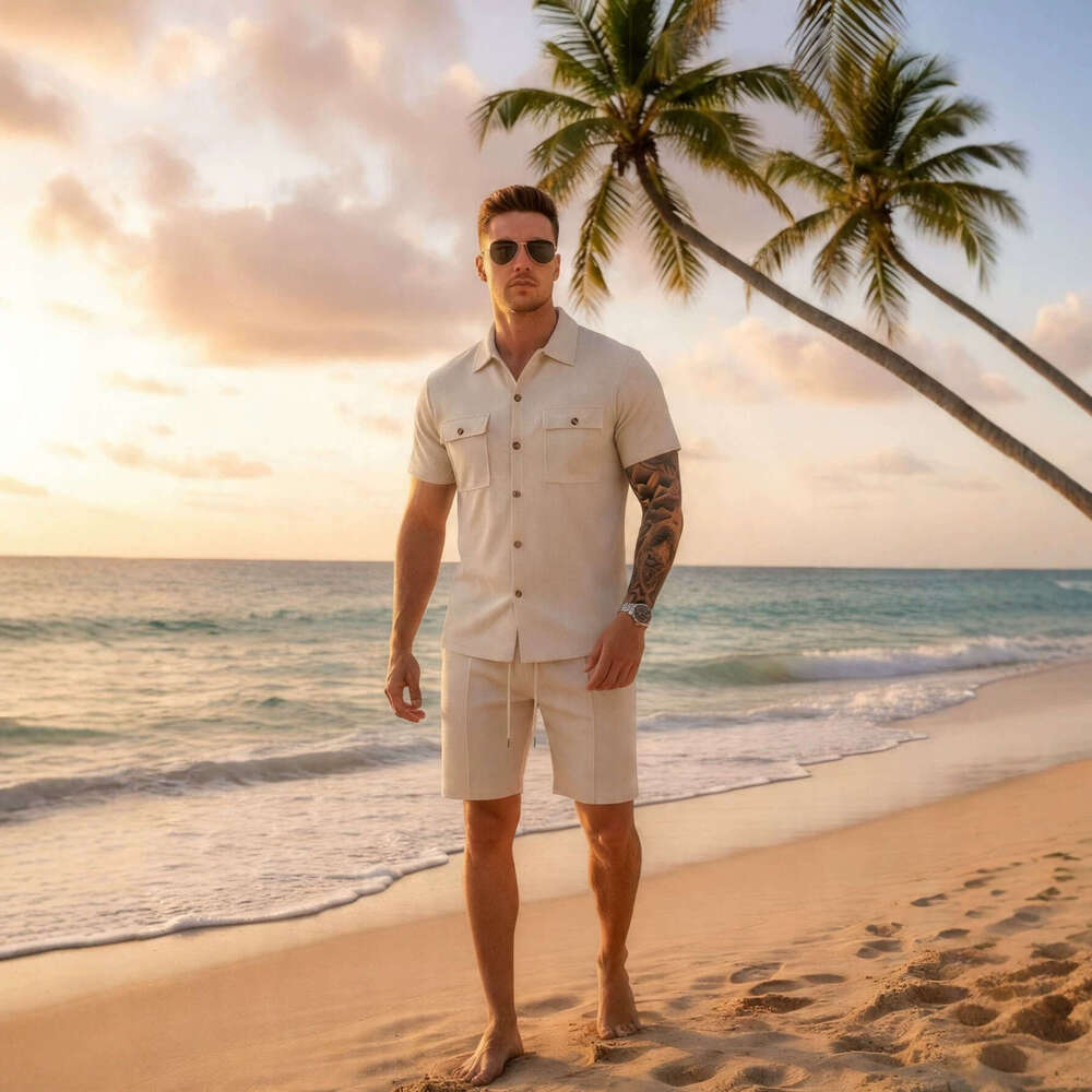 Designer 2026 Summer New Luxury Men's Waffle Pocket Cardigan Short-sleeve Shirt And Shorts Casual Set For Men Free Shipping