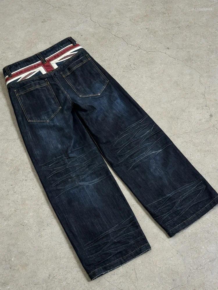 Men's Jeans Union Jack Waistband Wide Leg Men Dark Blue Oversized Distressed Y2K Casual Denim
