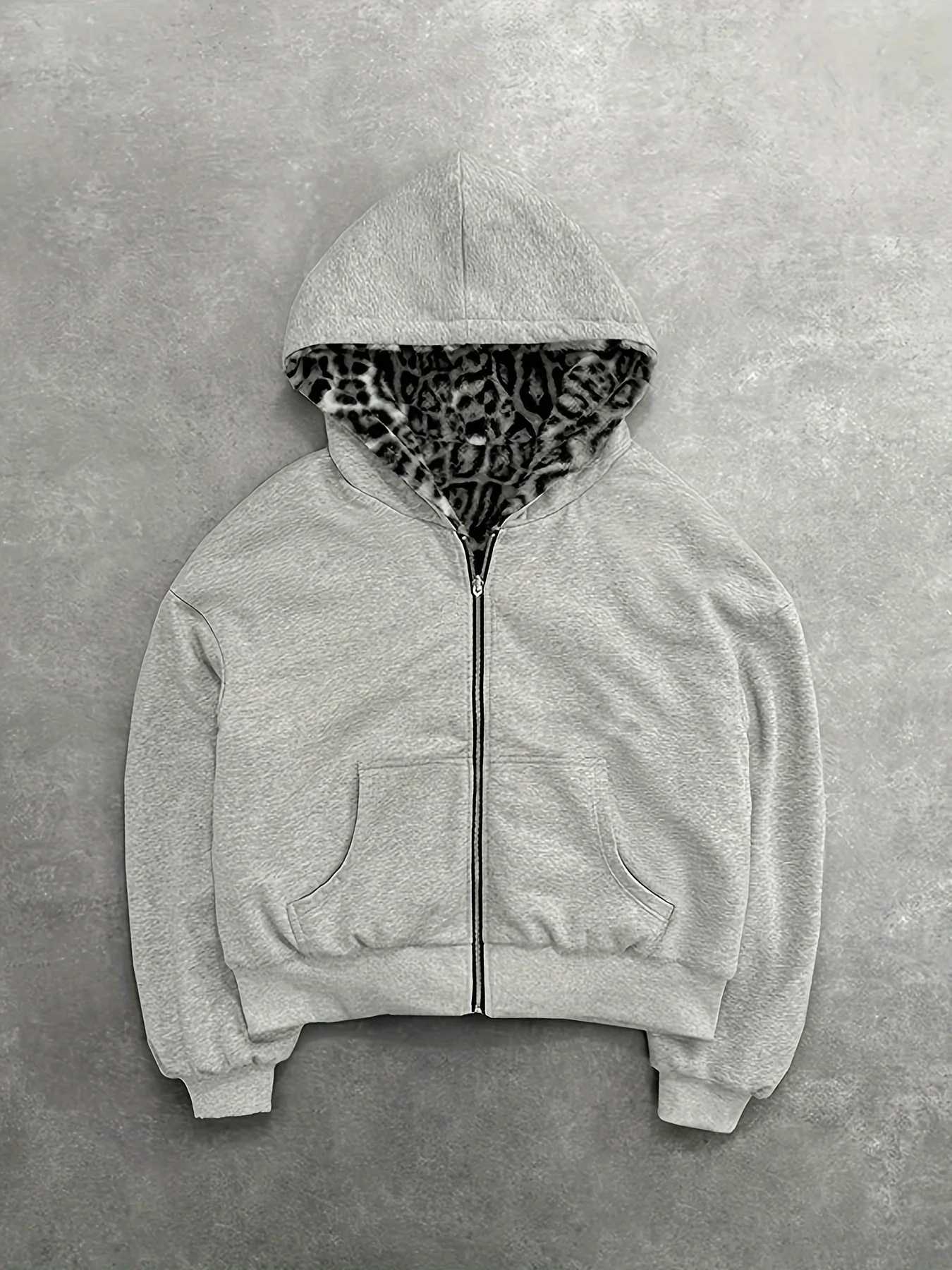 Gray Reversible Zip Up Hoodie with Leopard Print Lining Oversized Strtwear Y2K Casual Hooded Jacket Daily Wear All Season Swea Q260508