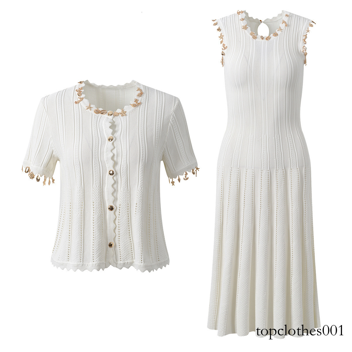 Summer New Fashion Metal Decoration Hollow Out Knit Tank Dress Women O-Neck Sleeveless Midi Robe or Short Sleeve Cardigan Tops