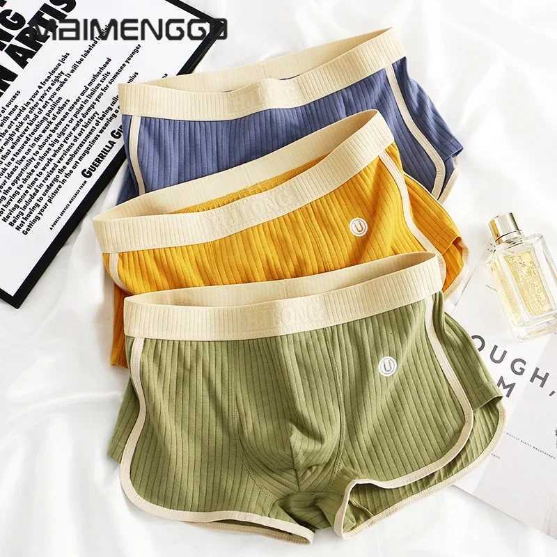 1/3PCS 100 Cotton Solid Striped Mens Boxer Sexy Breathable Mesh U Crotch Underwear High Elastic Widen Waistband UnderpantsT260508