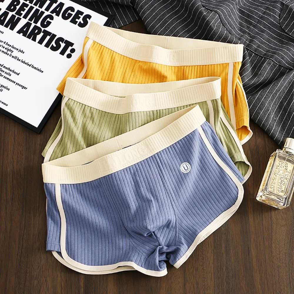 Cotton Solid Striped Mens Boxer Sexy Breathable Mesh U Crotch Underwear High Elastic Widen Waistband UnderpantsT260508