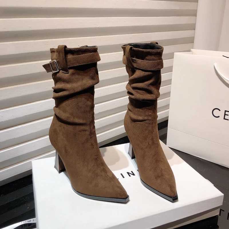 Korean version of fashion pleated medium tube stacking boots womens autumn belt suede pointed high heel short boots Q260508