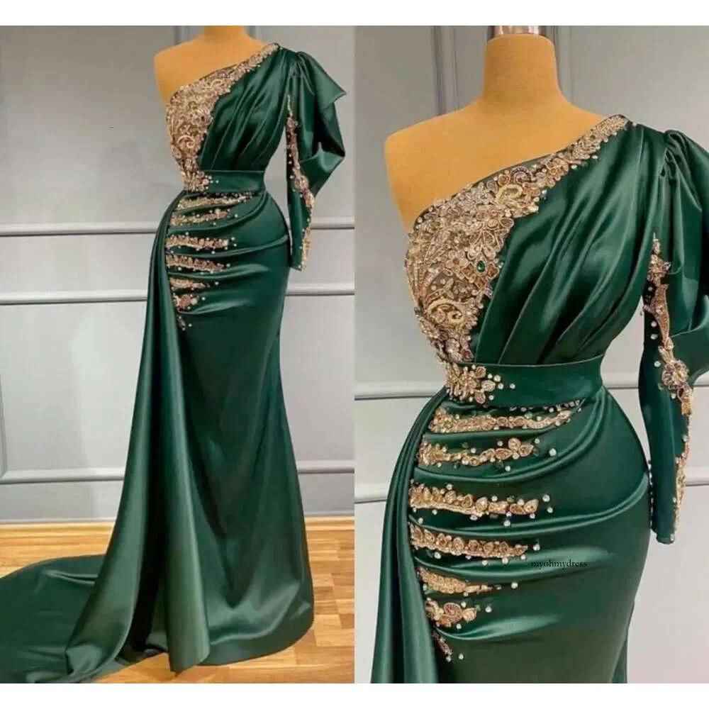 Charming Satin Dark Green Mermaid Evening Dress With Gold Lace Appliques Pearls Beads One Shoulder Pleats Long Formal Ocn Gowns Vestidos De Fiesta P