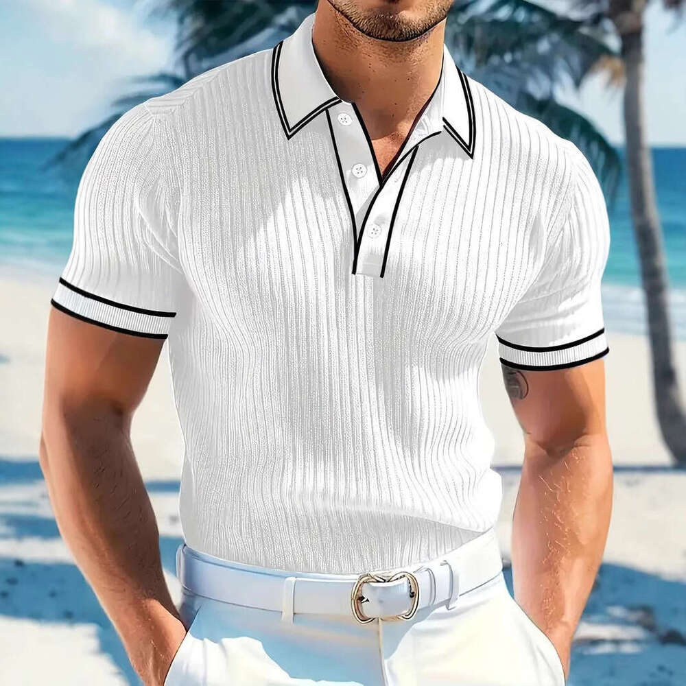 New Short-Sleeve Foreign Trade Summer Men's Color-Block Striped Turn-Down Collar Polo Shirt