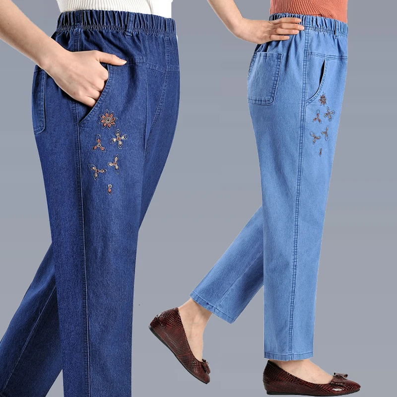 Spring Summer Thin Womens Highwaist Jeans Mother Elastic waist Female Casual Trousers Loose Denim Nine branch Pants 260428