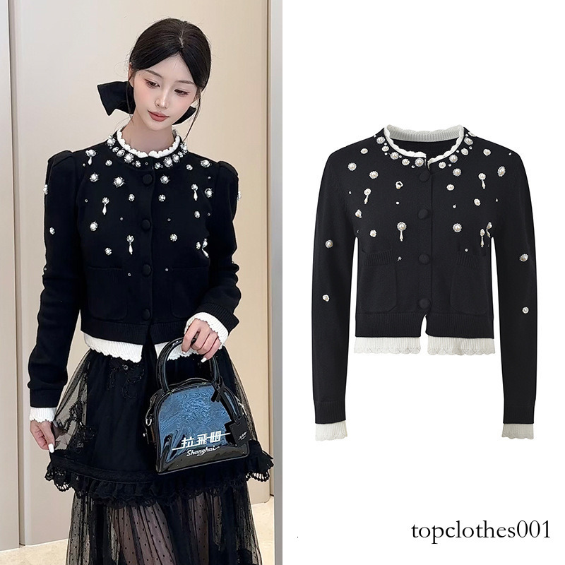 2025 Autumn Winter New Design Sense Beaded Black and White Color-Block Elegant Versatile Slim Fit Slimming Knitted Cardigan Top