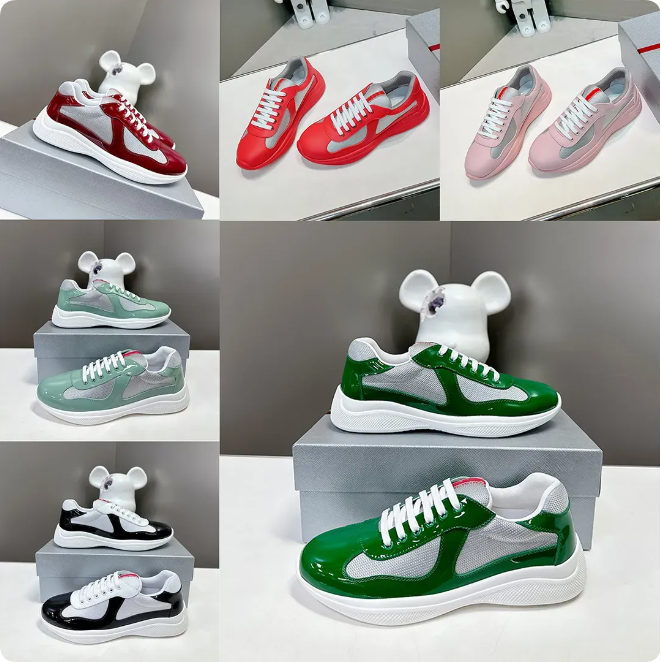 2026 Designer Mens Womens Sneakers Classic Casual Bright Leather Nylon Outdoor Trainers Comfortable Breathable Americas Cup Running Mesh Shoes La-image-981732431