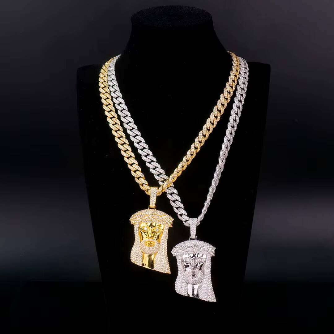 Gold 925 Silver Hip Hop Round Moissanite Gra Vvs Cuban Tennis Necklace Chain Large Jesus Pendant Certified Gold Plated Unisex