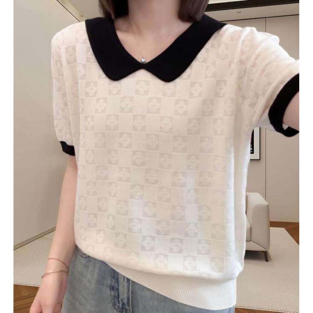 Plus-Size Doll Collar Jacquard Plaid Short-Sleeve T-Shirt For Women, New Stylish Summer Style, Ice Silk Knitted Thin Top MAKOUFEI