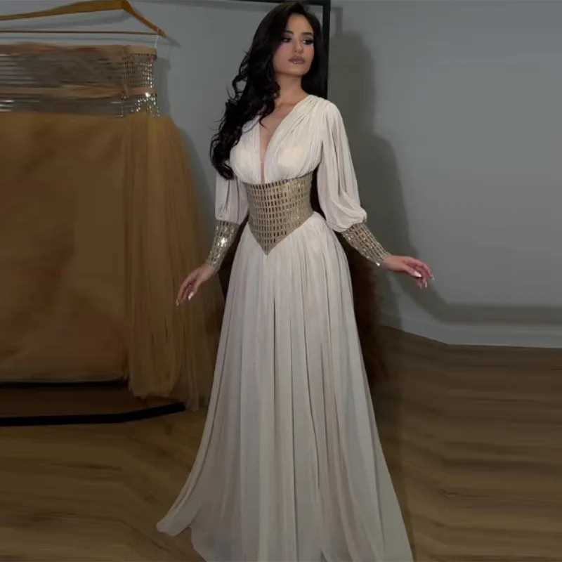 Elegant Crystal Applique Design V-neck Dress Simple Long Slve Cinched Waist A-line Dresses Lady Party Prom Customized Gowns L260508