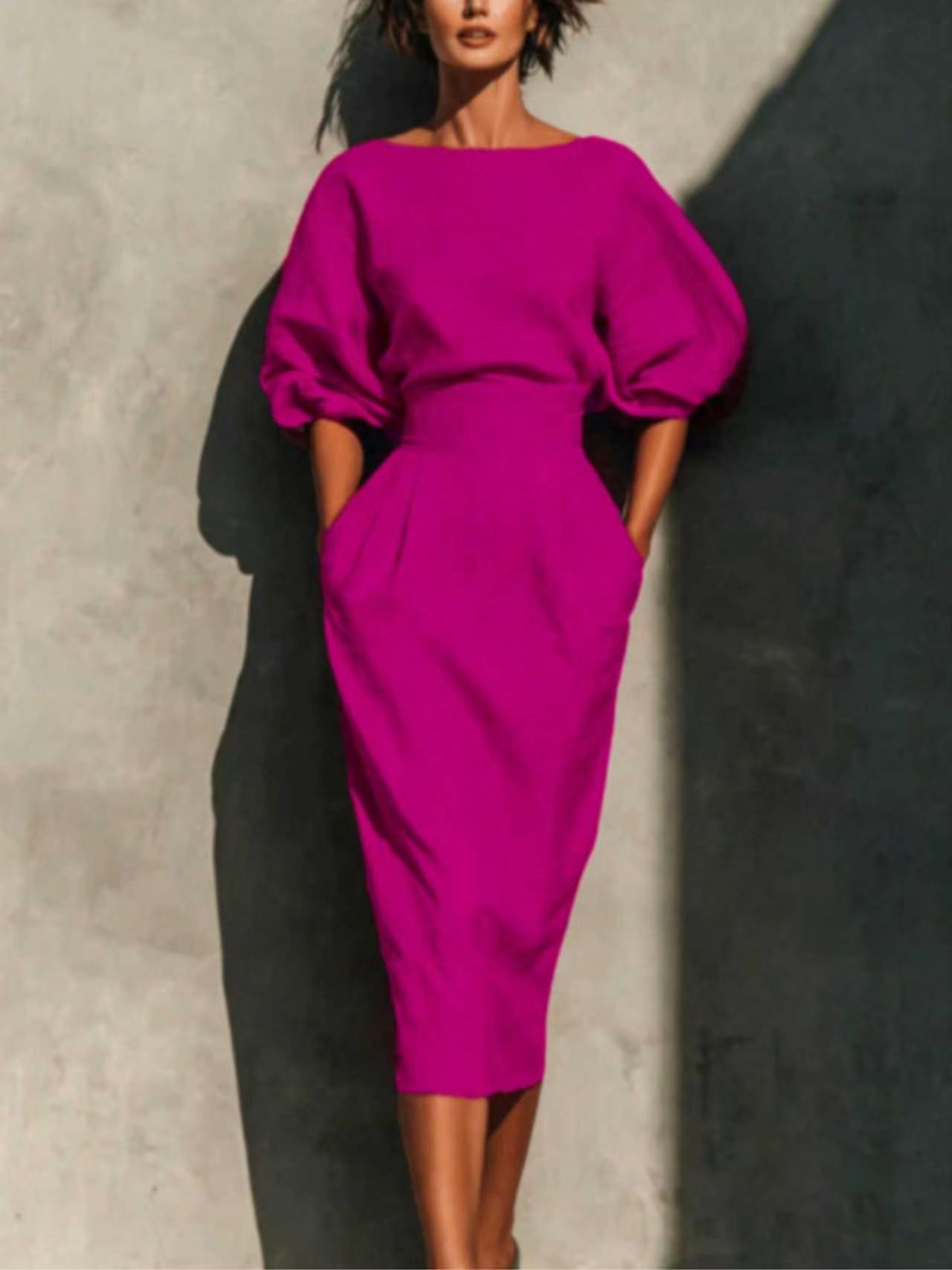 Boat Neck Off Shoulder Rose Red Midi Dress, Elegant Solid Color Slim Fit Party Sundress, Casual Fashion Formal Cocktail Wedding Guest Dress