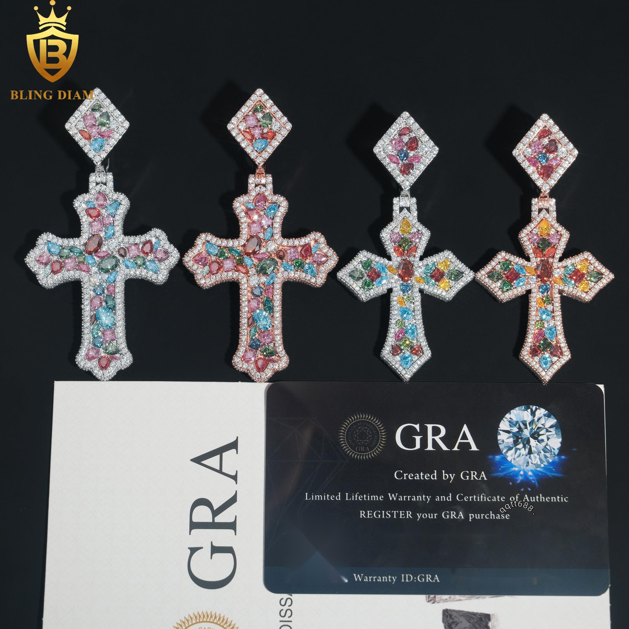 Blingdiam New Arrival Hip Hop Jewelry Vvs Moissanite 925 Sterling Silver Iced Out Cross Colorful Pendant Gra Certificate
