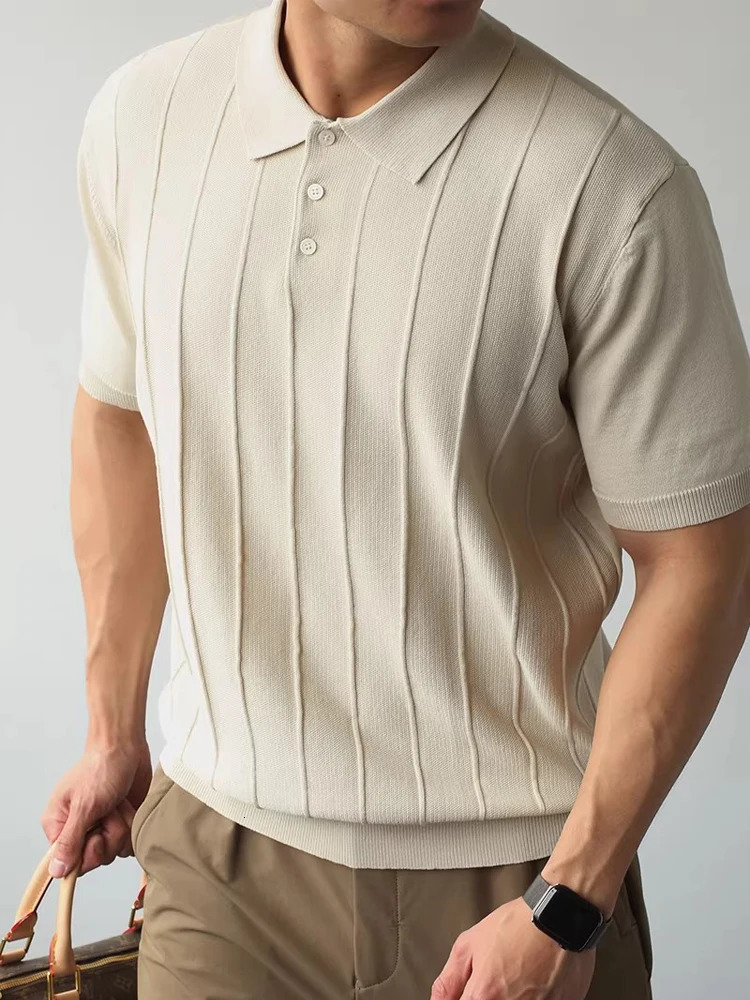 Knitted Polo T Shirt Mens HalfZip Collar Fashion Jacquard Striped Shirts Korean Leisure Knitwear Spring Summer Tee 260508