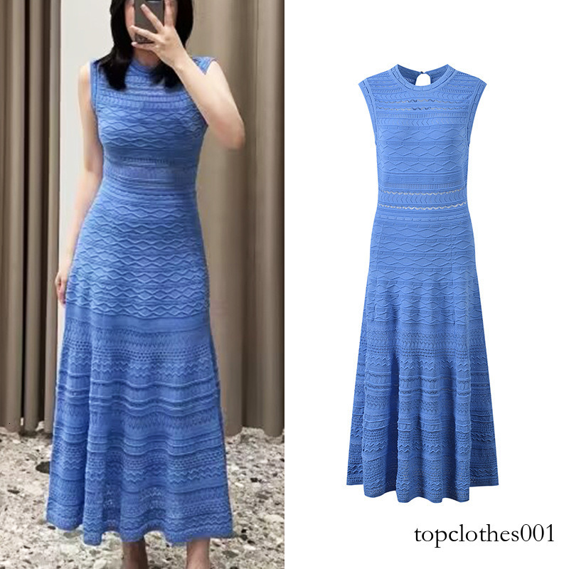 2026 Spring Summer New Design Sense Diamond Jacquard Wave Pattern Hollow Blue Round Neck Sleeveless Dress For Women
