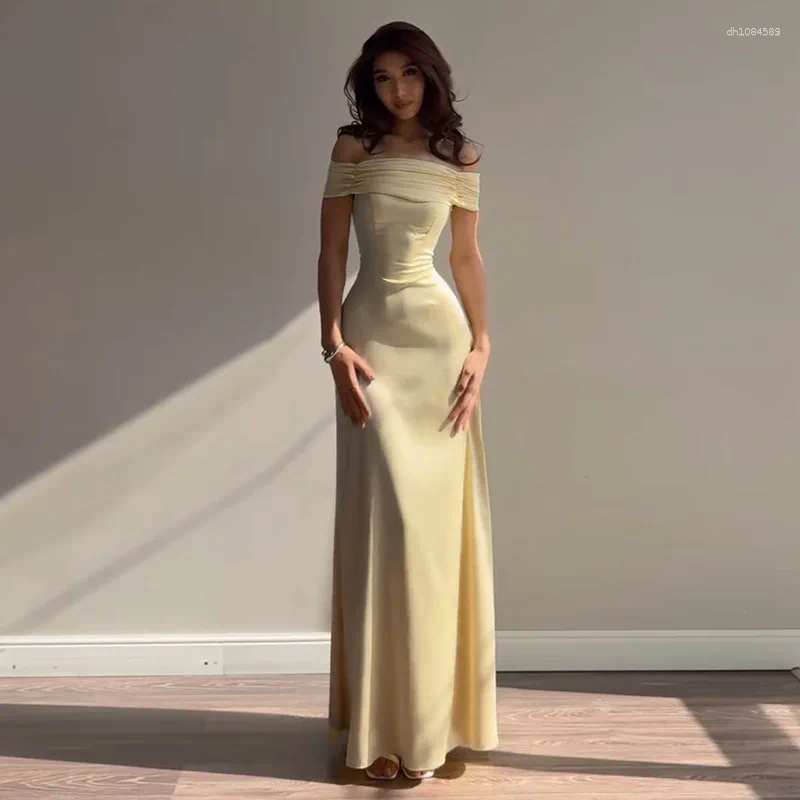 Casual Dresses -the-shoulder Panel Design Back Bandage Yellow Satin A-line Skirt Luxury Slim Folds Long Dress Party Prom Vestidos