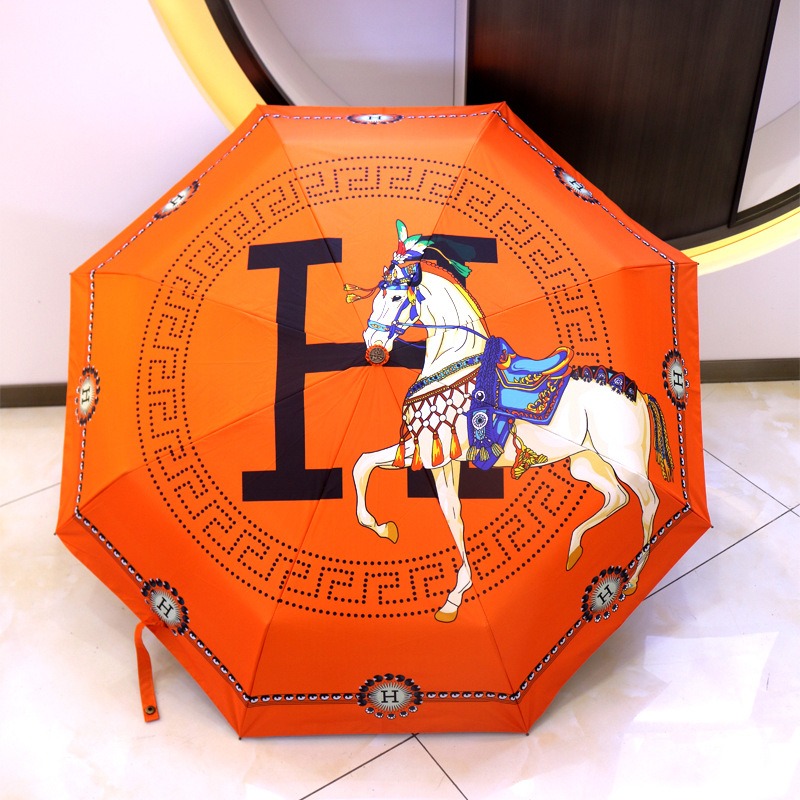 Luxury Designer Umbrella Carousel Horse Printed 3 Fold Manual Men & Women Parasol High Quality Red/Black/Orange Business Rain & Sun Protection with