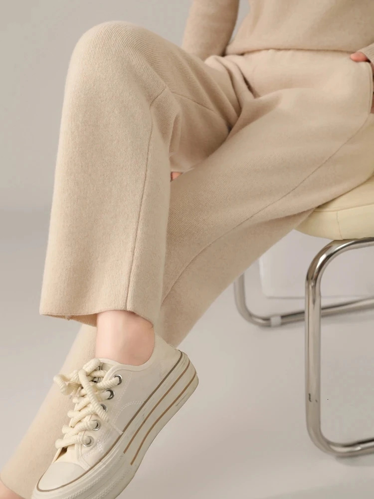 Autumn Winter Womens Pure Wool Pencil Pants Office Lady Elastic Waist Trousers 100 Merino Knitted Thicken Casual 260428