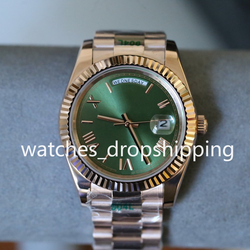 Men Watch Olive Green Dial 40mm Rose Gold Automatic Mechanical Sapphire Glass Stainless Steel Bracelet Premium President Wristwatch