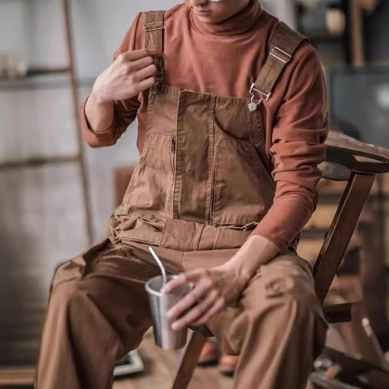 Mono con pechera vintage para hombre, pantalones cargo de corte relajado de algodón, mameluco, ropa de trabajo de moda, mono holgado con bolsillos 2