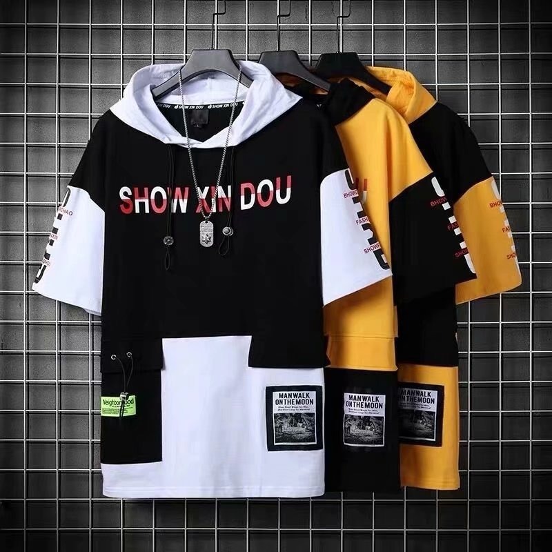 Summer Hooded Short Sleeve Men S Trendy Patchwork Printed T Shirt Hoodie Loose Fit Five Quarter Sleeves Korean Style Designer T Shirt Trendy Designe