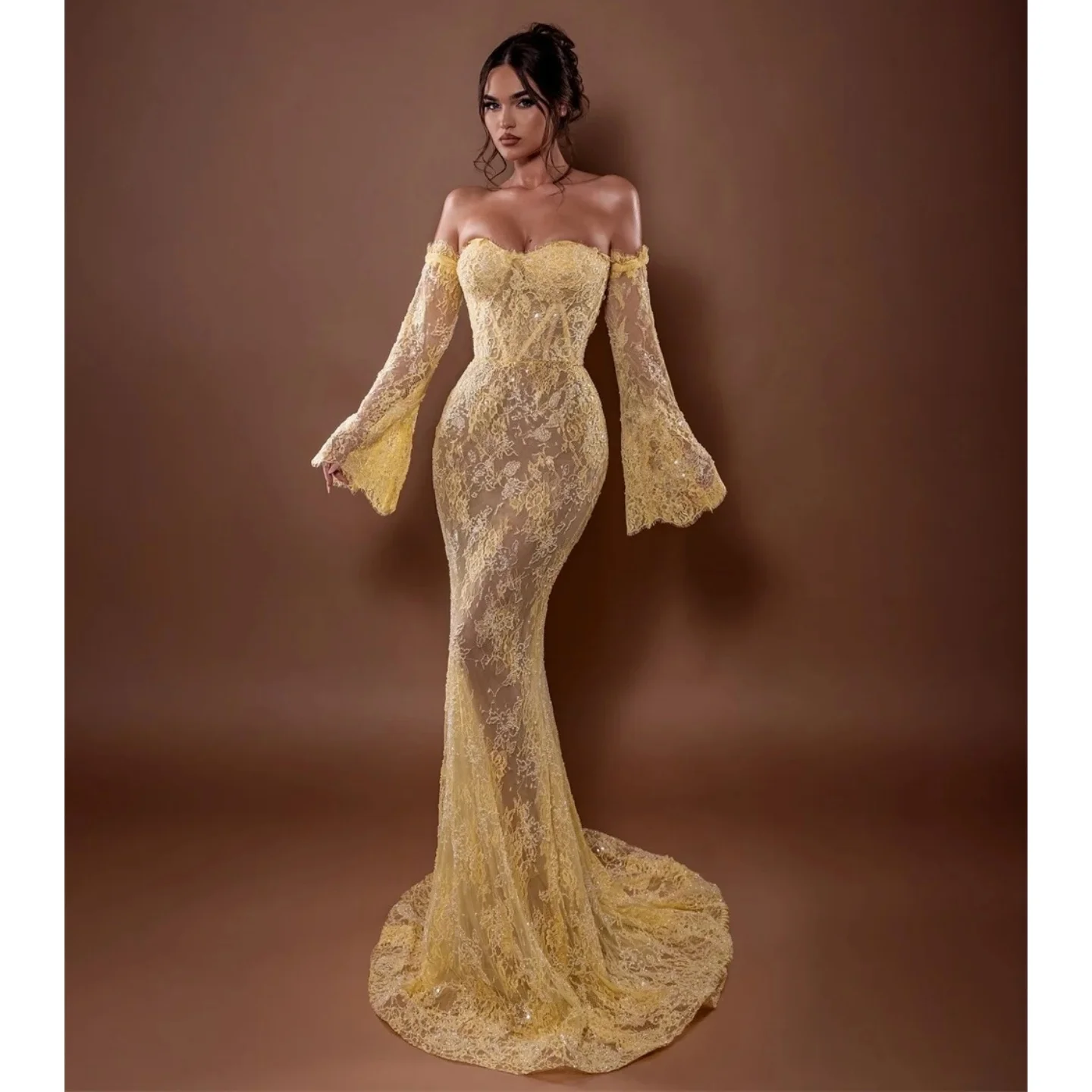 Sexy Yellow Mermaid Formal Prom Dresses 2026 Sweetheart Beads Long Detachable Sleeves Evening Gala Party Gowns Pageant Birthday Dress Robe De Soriee