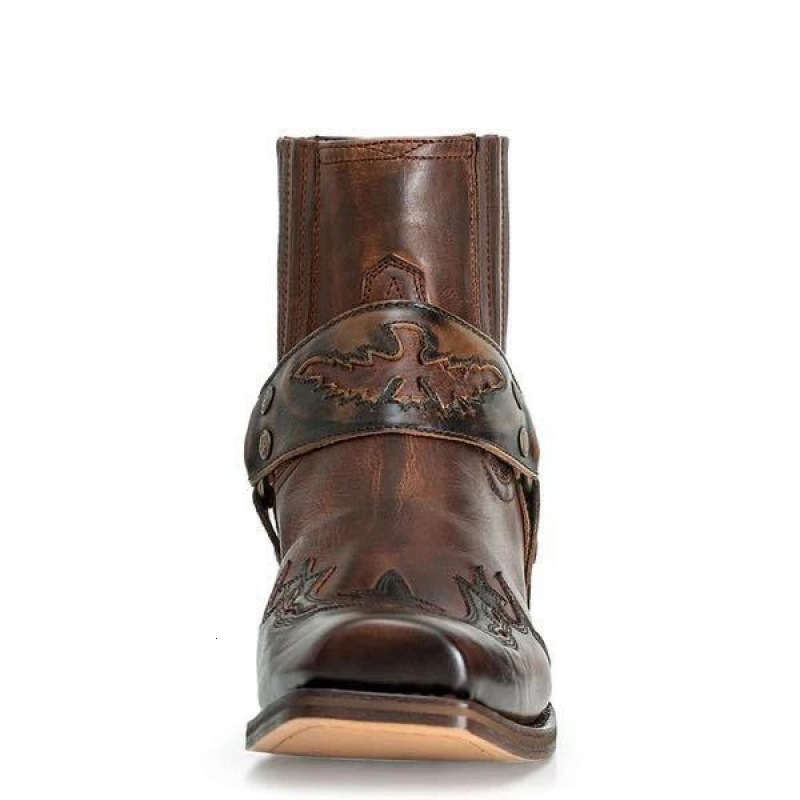 Mens Black Leather Western Shock Absorbing Cowboy Ankle Boots With Harness Strap