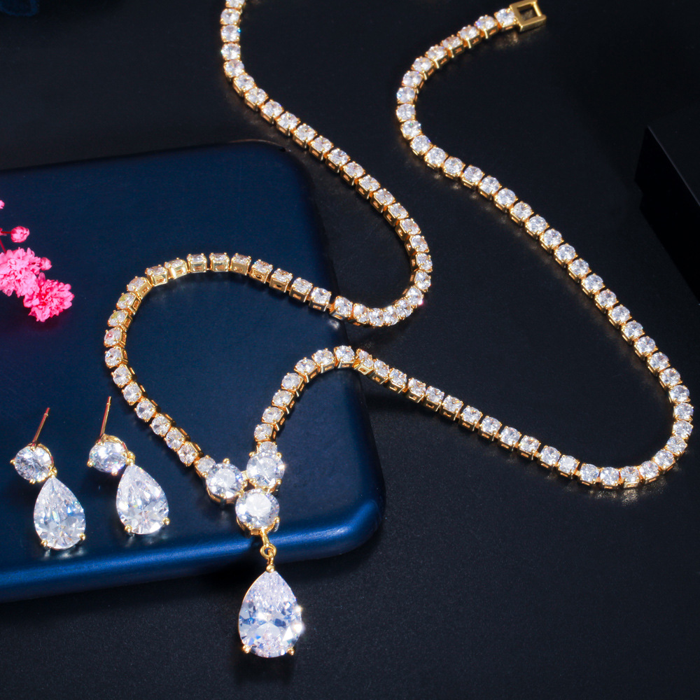 Choucong Sparkling Ins Top Sell Bridal Wedding Jewelry Sets 18K White Gold Fill Tennis Chain Necklace Water Drop Pendant Pear 5A CZ Party Women Dang