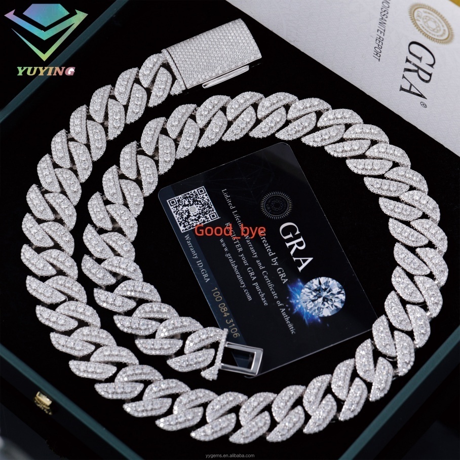 925 Silver Raised diamond Cuban link Chain GRA Vvs Moissanite 3rows Mens Jewelry Rapper Necklace Cuban Link Chain