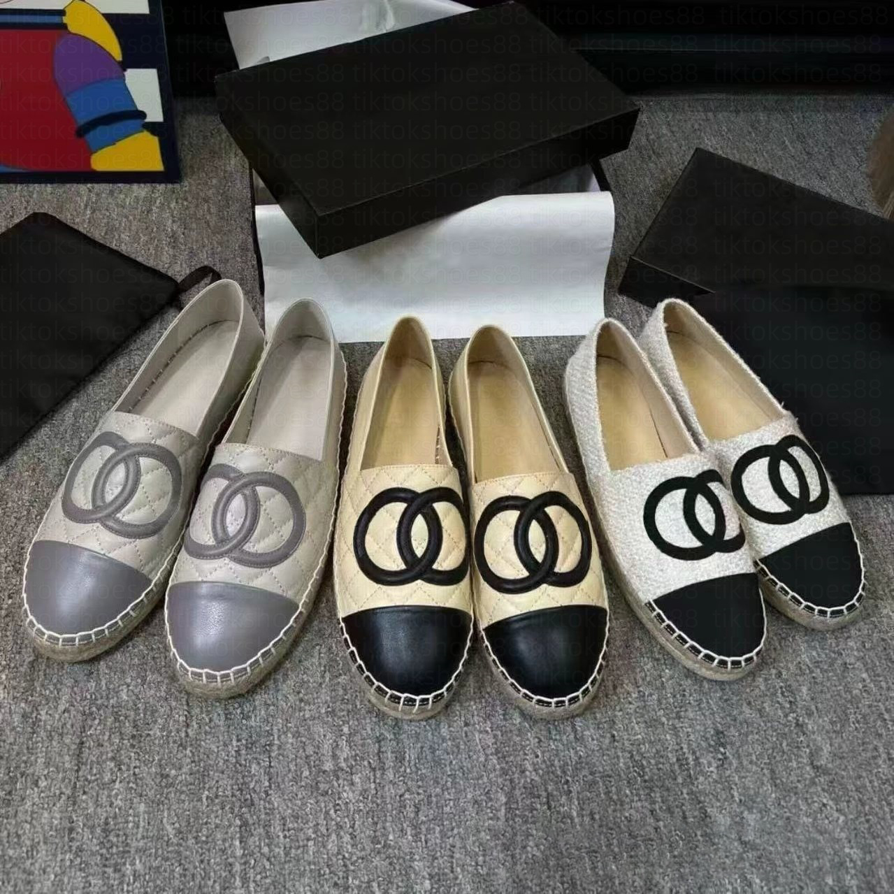 Chanel espadrilles femmes chaussures mocassin femme été luxe mary jane ballerines ballerines doux tissu cuir mules mocassins