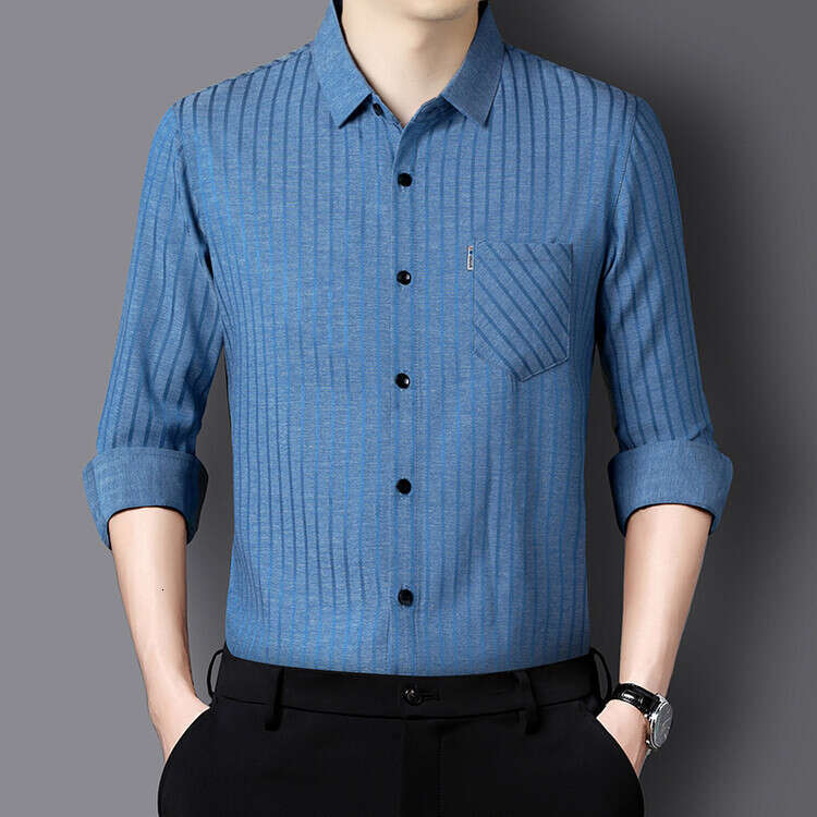 New Spring And Autumn Men's Long-Sleeve Turn-Down Collar Business Shirt, Striped Casual Versatile One-Piece Dropshipping