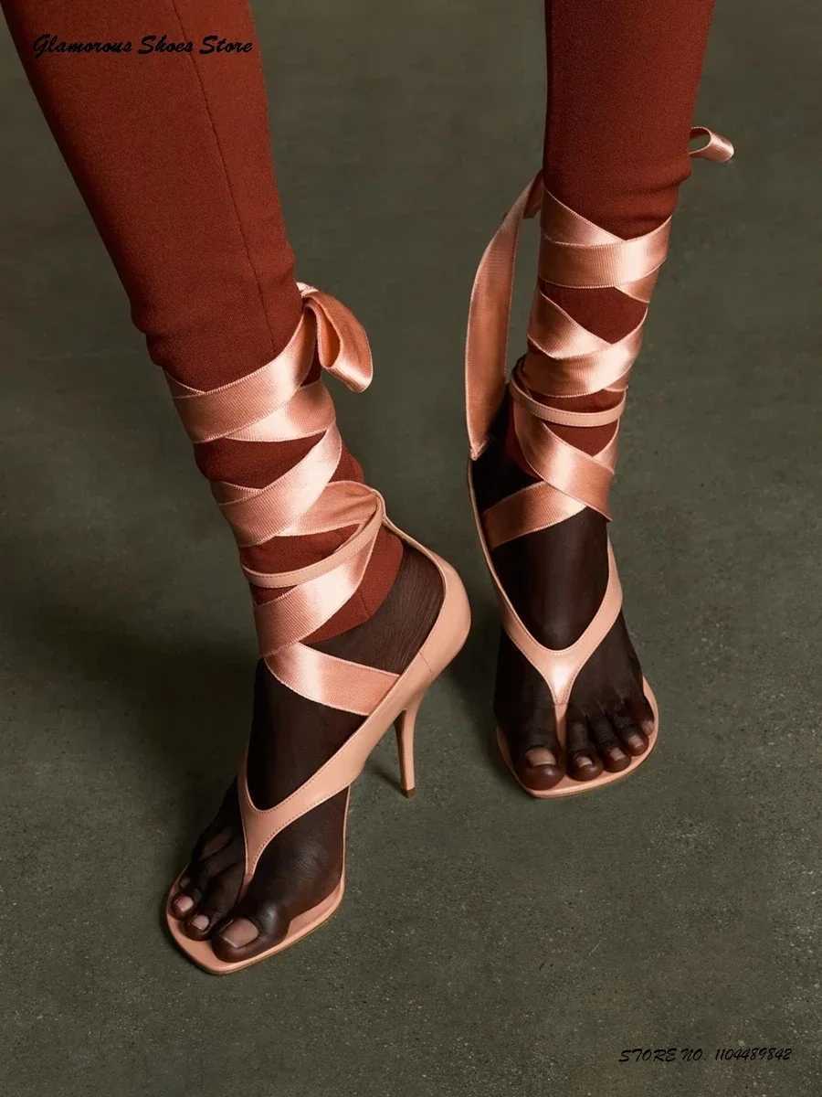 Flip Flop High Heeled Ballet Shoes Womens Ribbon Lace Up Runway Catwalk Shoes 2025 Summer Spring Cross-tied Modern Sandals Q260508
