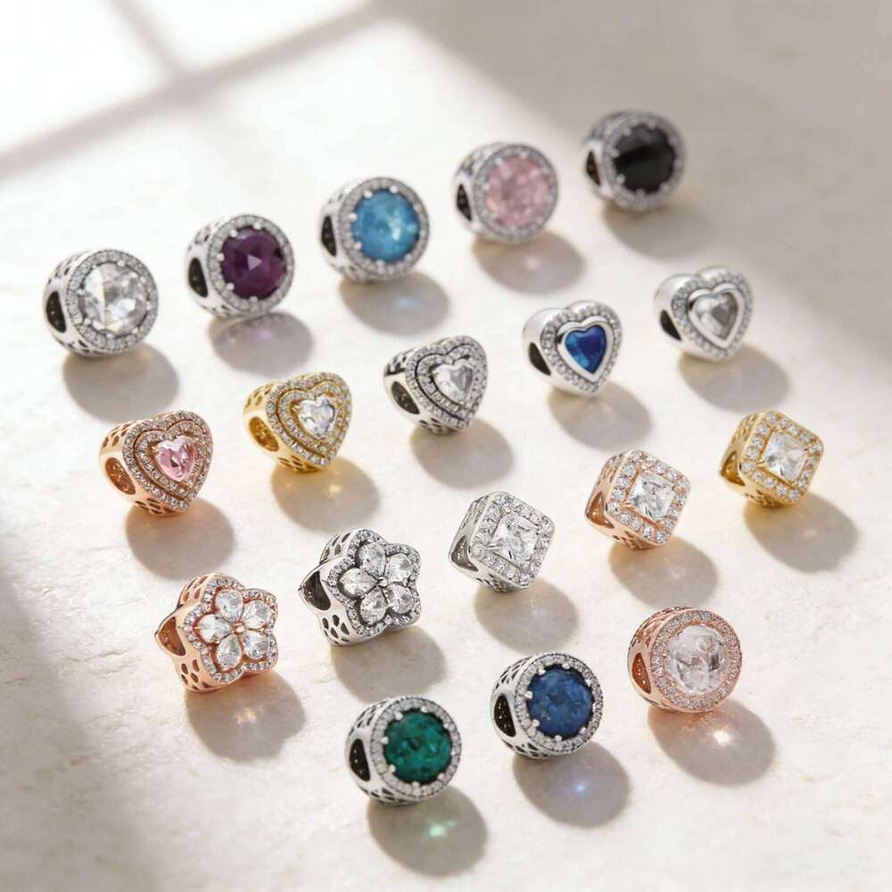 925 sterling silver Sparkling Heart Snowflake Square Halo Round Charm Fit for Original Bracelet Beads Suitable for DIY Jewelry and Women's Gift