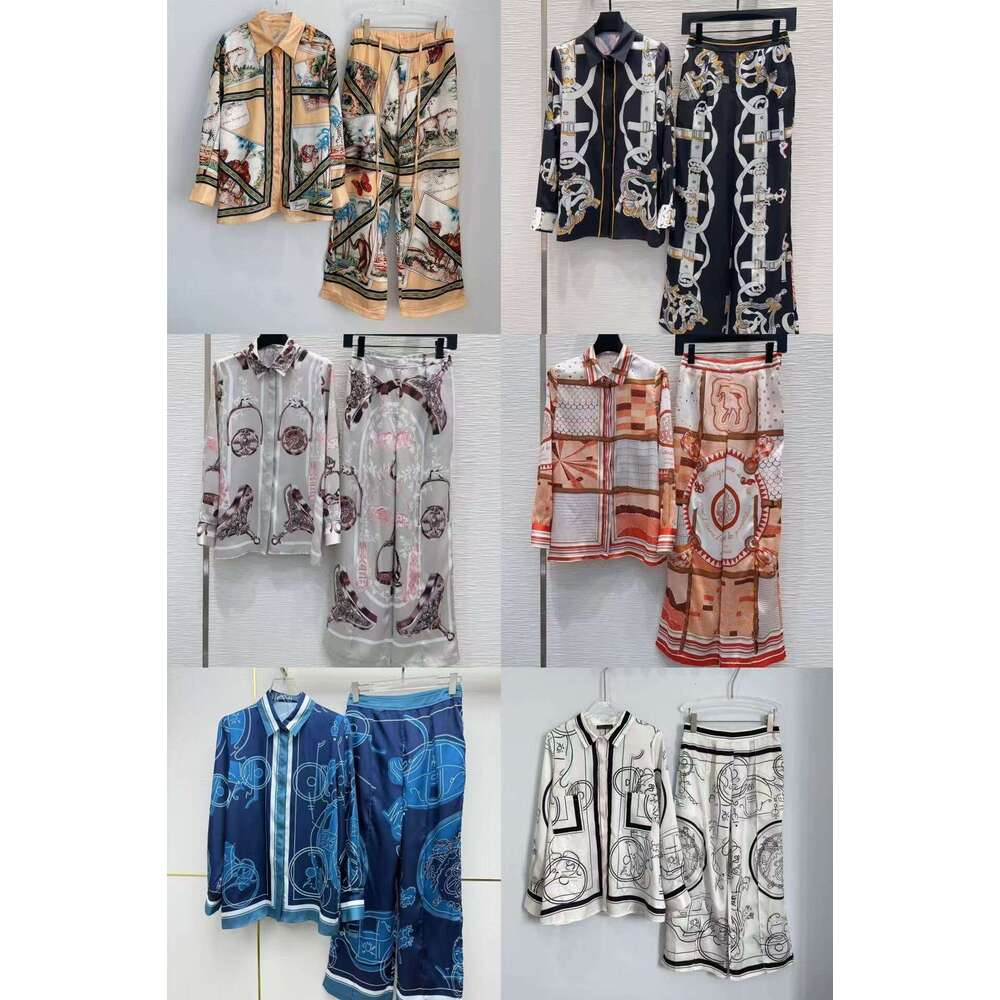 Women 2pcs set shirt and pant Luxury Designer Women's Pattern high quality Fashion Women Long Sleeve Casual Tops and Wide High waist Pants Two