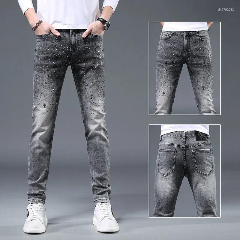 Men's Jeans 2026 Arrival Trendy Rhinestone Slim Fit Straight Lightweight Casual Long Pants-image-1105182348
