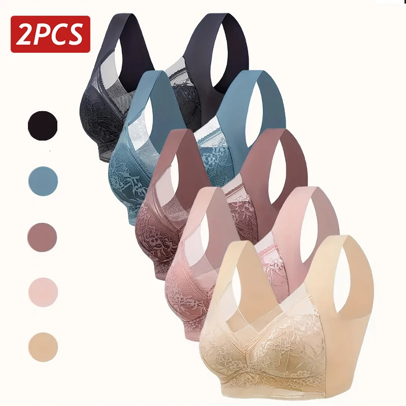 2PCSSet Women Floral Lace Sport Bras Plus Size Bras Full Cup Backless Vest Female Gather Shock-Proof Wireless Brassiere L-5XL 260508