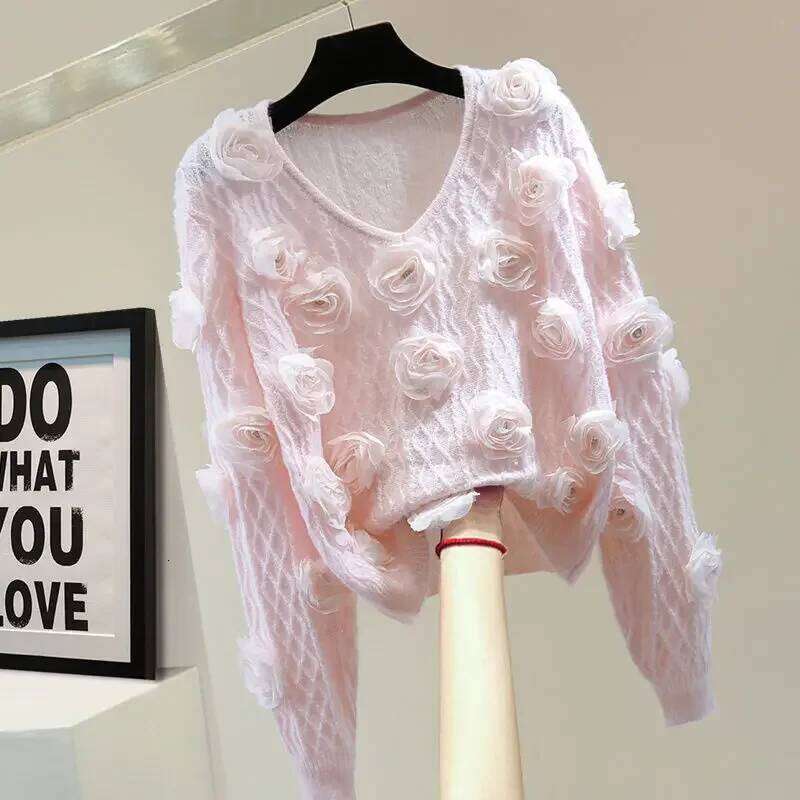 Luxury Diamond 3D Floral Knit Sweaters Women's Clothing Design Chic Knitted Pullover Autumn Spring Coats Short Tops Sweater New Mdng260508