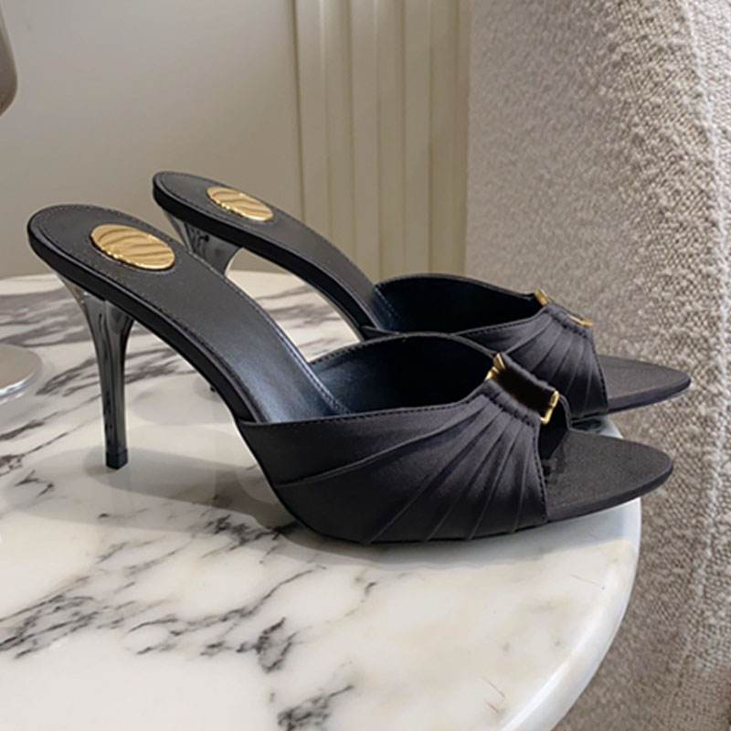 Designer Smooth Leather BABYLONE Mules Golden iconic decoration sexy pointed peep toe stiletto mules Luxury Non slip Leather sole graduation event s