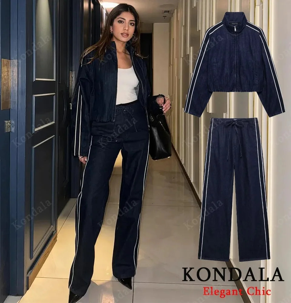 KONDALA Women High Street Denim Set Spring Fall Trendy Side Stripe Stand Collar Zipper Jacket Laceup Pant 2026 Casual Pants 260508