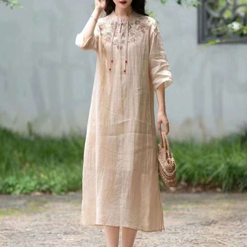 New Chinese-Style Cotton-Linen Loose Retro, 2026 New Model, Embroidered High-End Long Dress, Elegant And Stylish Embroidery Casual Dress Long Skirt