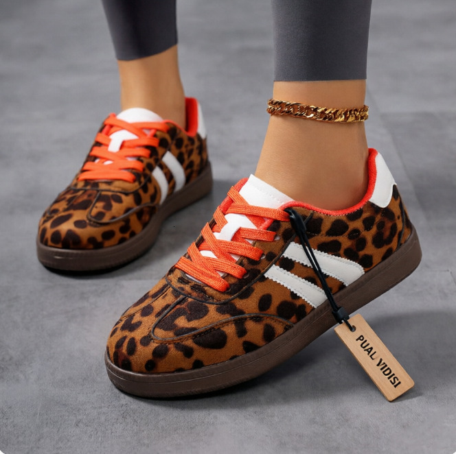 Womens Leopard Print Casual Sneakers With Orange Laces And White Stripes