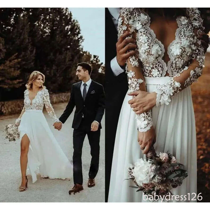 Boho Sleeves Beach Long Wedding Dresses Bridal Gown Chiffon Side Slit Sexy Scalloped D Ral Applique Or Length Illusion Bodice Custom Made Vestidos