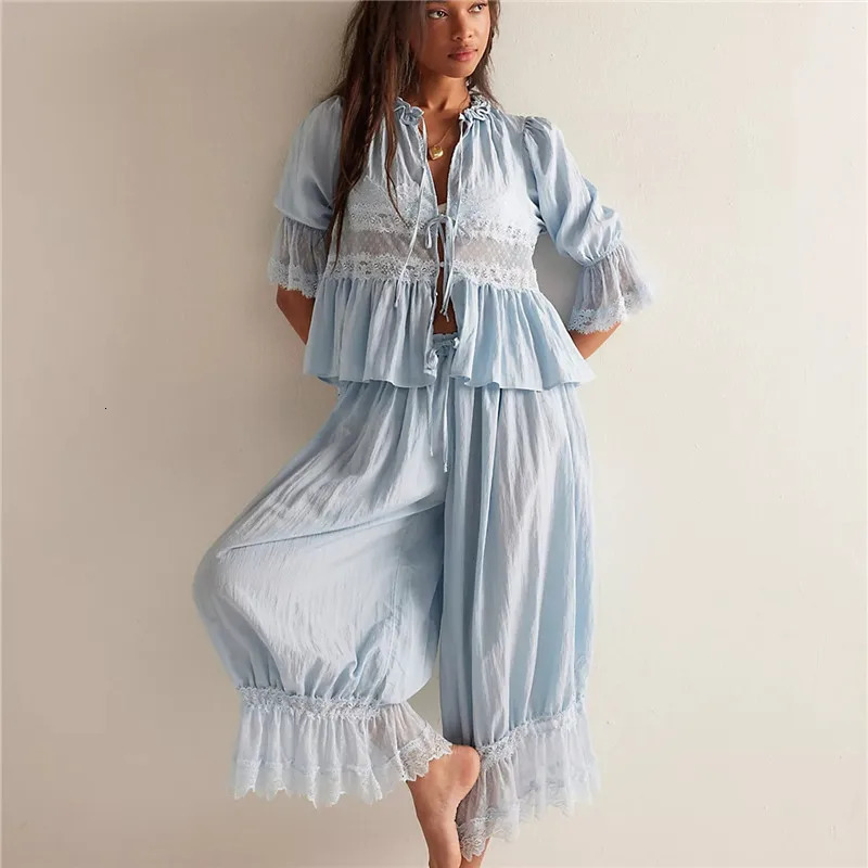 hirigin Women Lace Trim 2 Piece Pajamas Sets Y2k Bow Tie Front Short Sleeve Shirts Ruffle Flared Lantern Pants Loungewear 260508