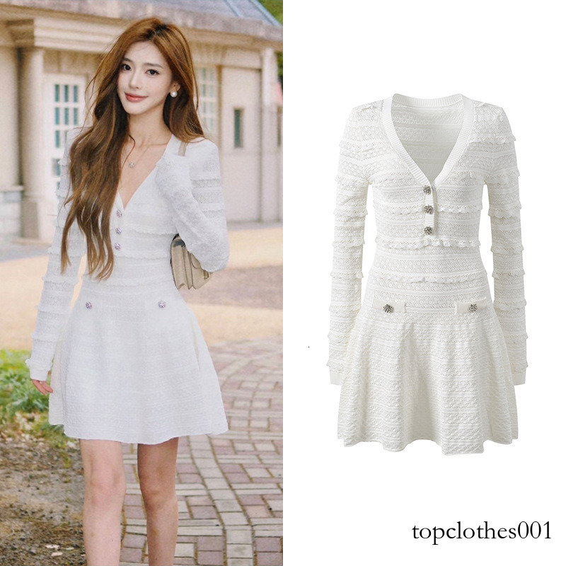 2026 Spring/Summer New Arrival White Slim-Fit Slimming V-Neck Long-Sleeve Dress with Ruffle Details, Elegant, Graceful