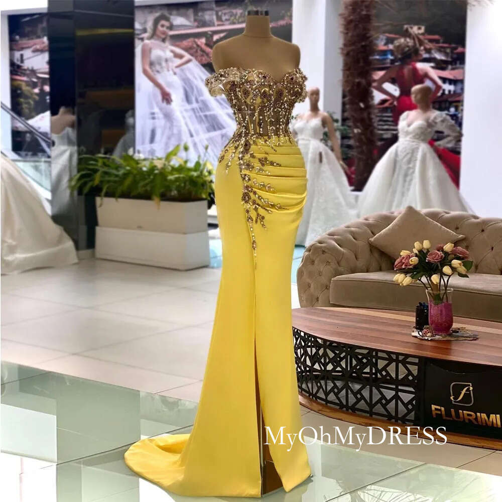 Yellow Mermaid Prom Dresses Side Split Beaded Evening Gowns Pearls Sweep Train Satin Off The Shoulder Neckline Special Occasion Formal Wear Y58