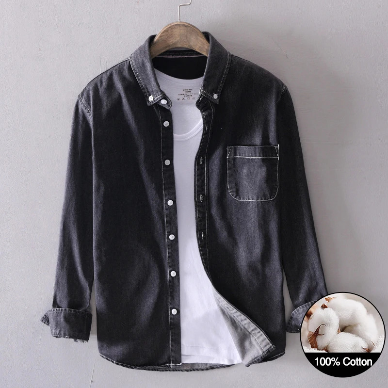 100 Cotton Black Denim Shirt Mens Spring Fashion Korean Casual Simple Lapel Longsleeved Shirts Base Male Clothes 260508