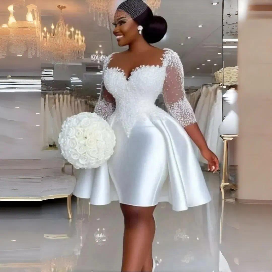 Classic Short Civil Wedding Dresses Beaded White Satin Bridal Gowns Three Quarter Sleeves Black Girls Garden Bride Dress Custom Made Color/Size