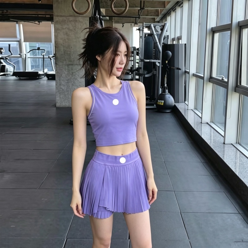 Purple Suit Shorts 26S Yoga Set Underwear Shorts Yoga New Gym Straight Set Tank Top Letter Logo Gym Girl 2Pcs High-waisted Badminton Tennis Set S-image-1105164993