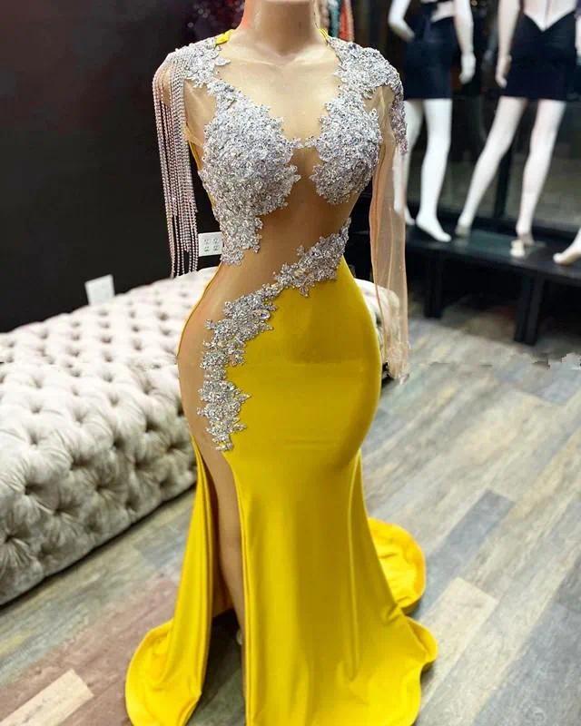 2024 Yellow Prom Dresses Mermaid One Shoulder Illusion Cutaway Sides Long Sleeves Appliques Silver Crystal Beaded High Side Split Sexy Luxury Satin